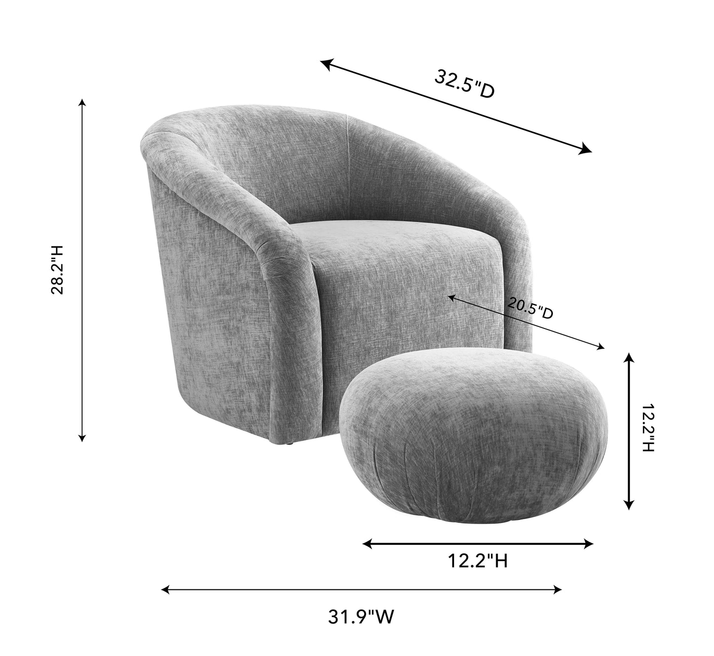 Boboli Velvet Chair and Ottoman Set Grey by Tov Furniture