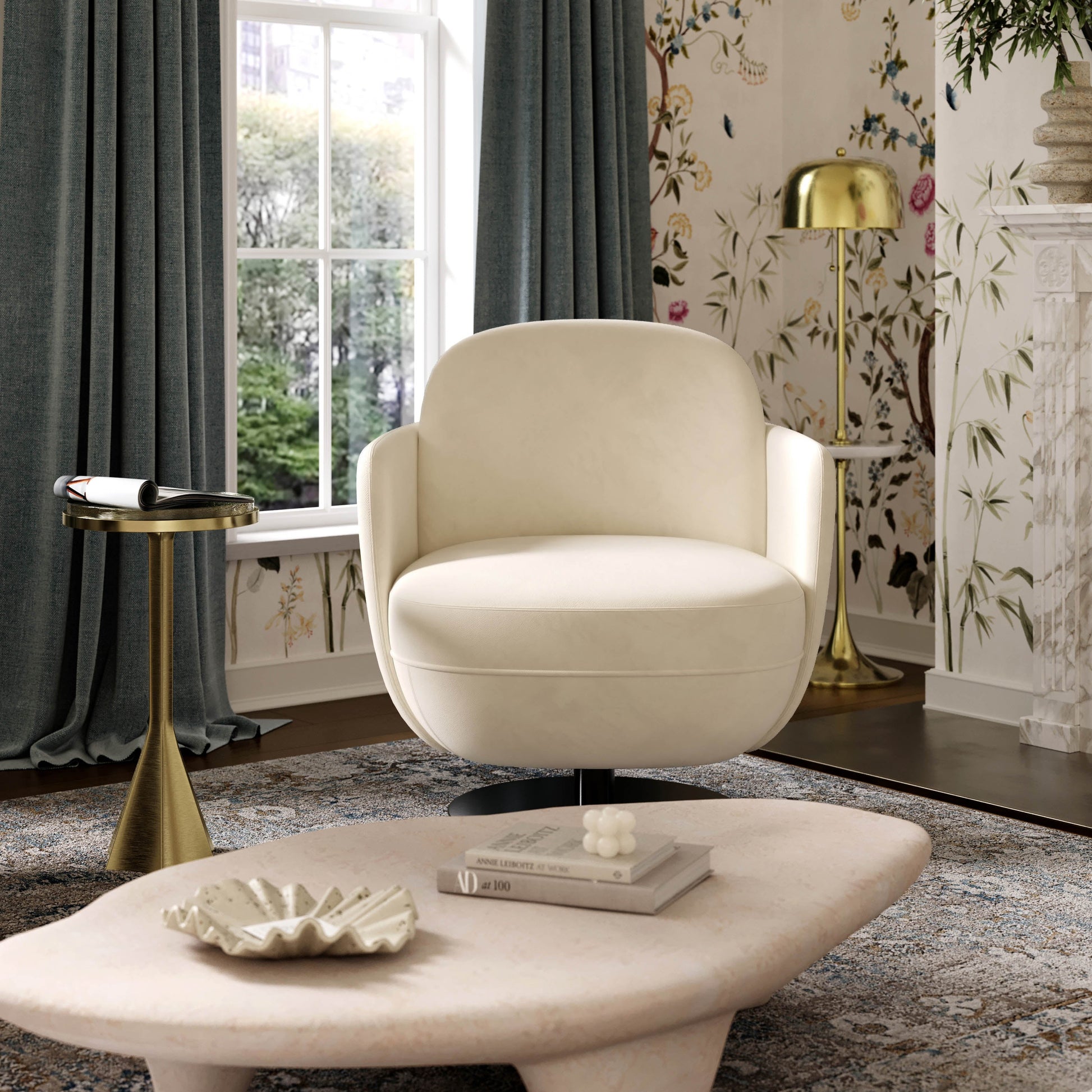 Solange Performance Velvet Swivel Accent Chair Cream by Tov Furniture