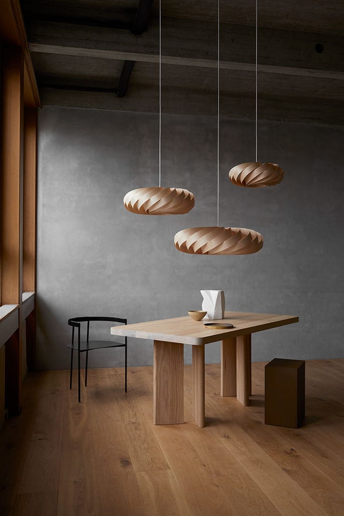 Tom Rossau TR5 pendant light – three Natural Birch pendants, unlit