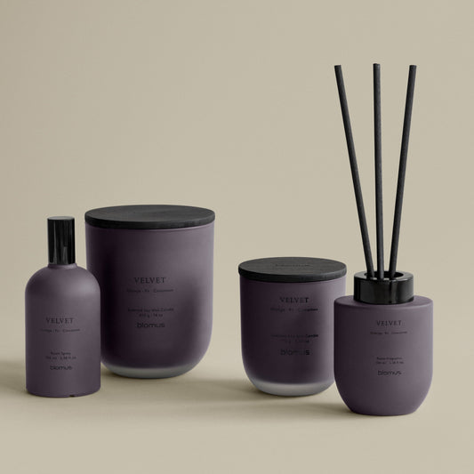 blomus TUOKSU Reed Diffuser in Colored Glass, 100 ml – TUOKSU reed diffuser in a styled room (1)