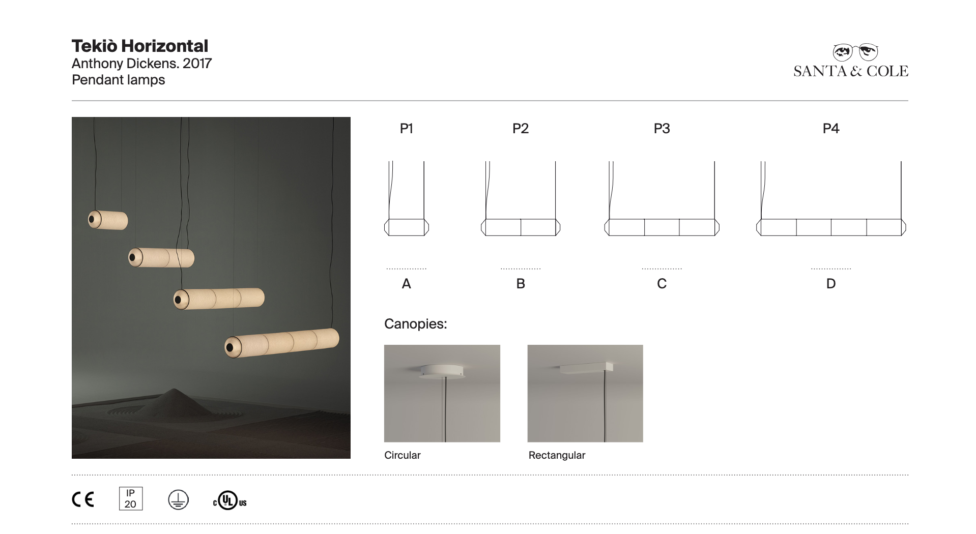 Tekio Horizontal pendant light canopy options with circular and rectangular ceiling mount designs