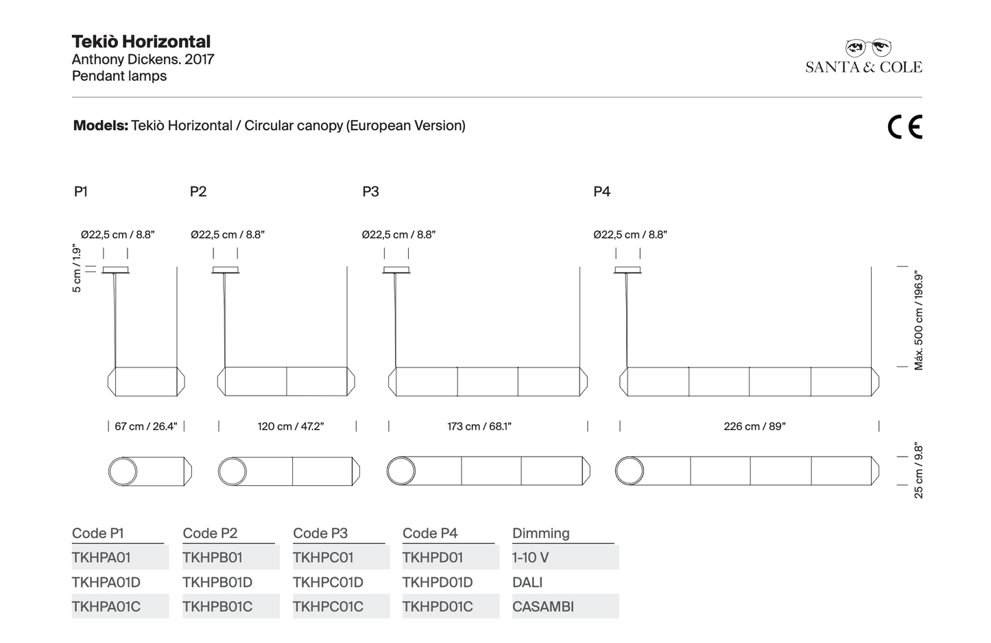 Tekio Horizontal pendant light blueprint with modular size configurations