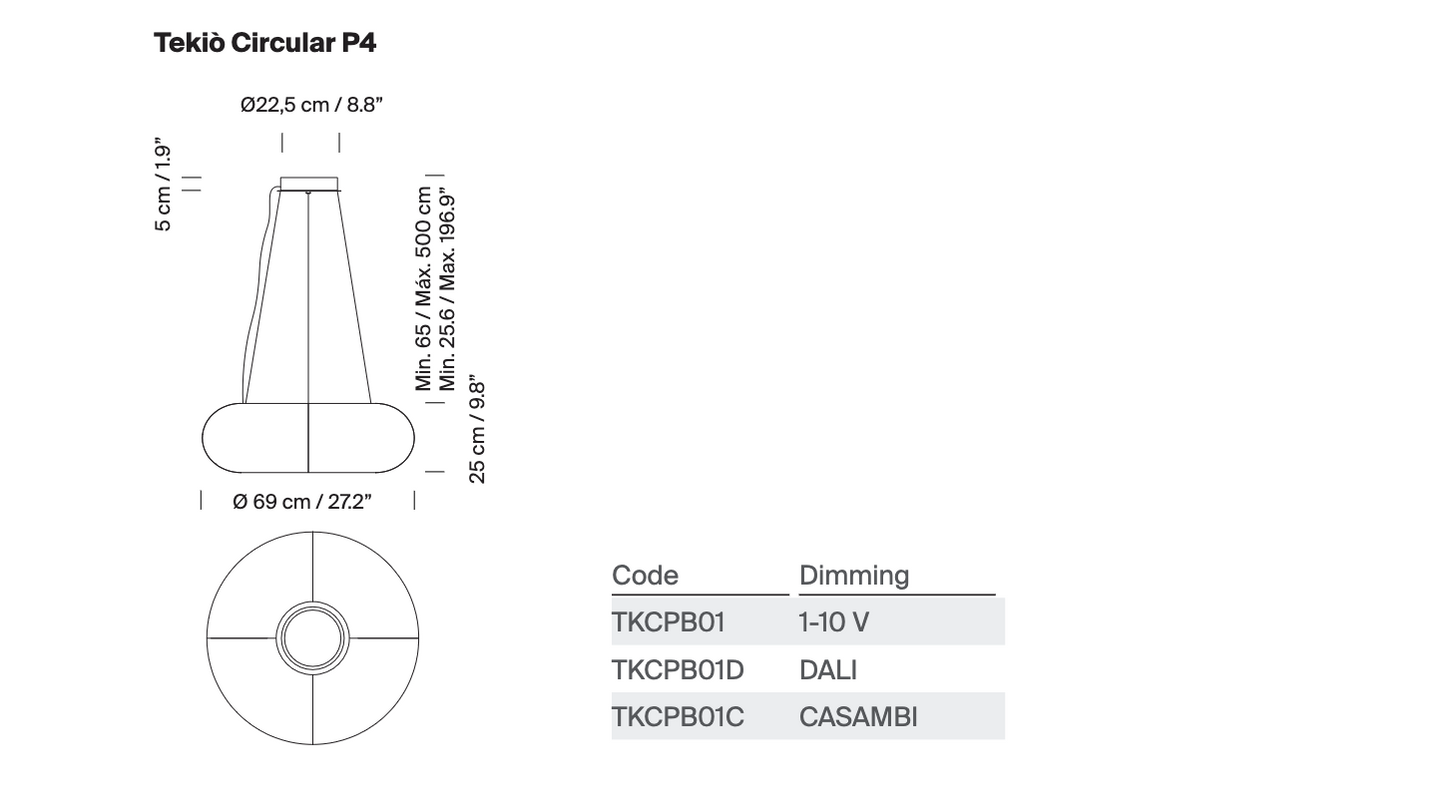 Tekiò pendant light P4 model schematic drawing with circular canopy design