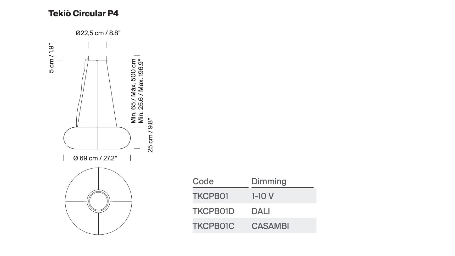 Tekiò pendant light P4 model schematic drawing with circular canopy design