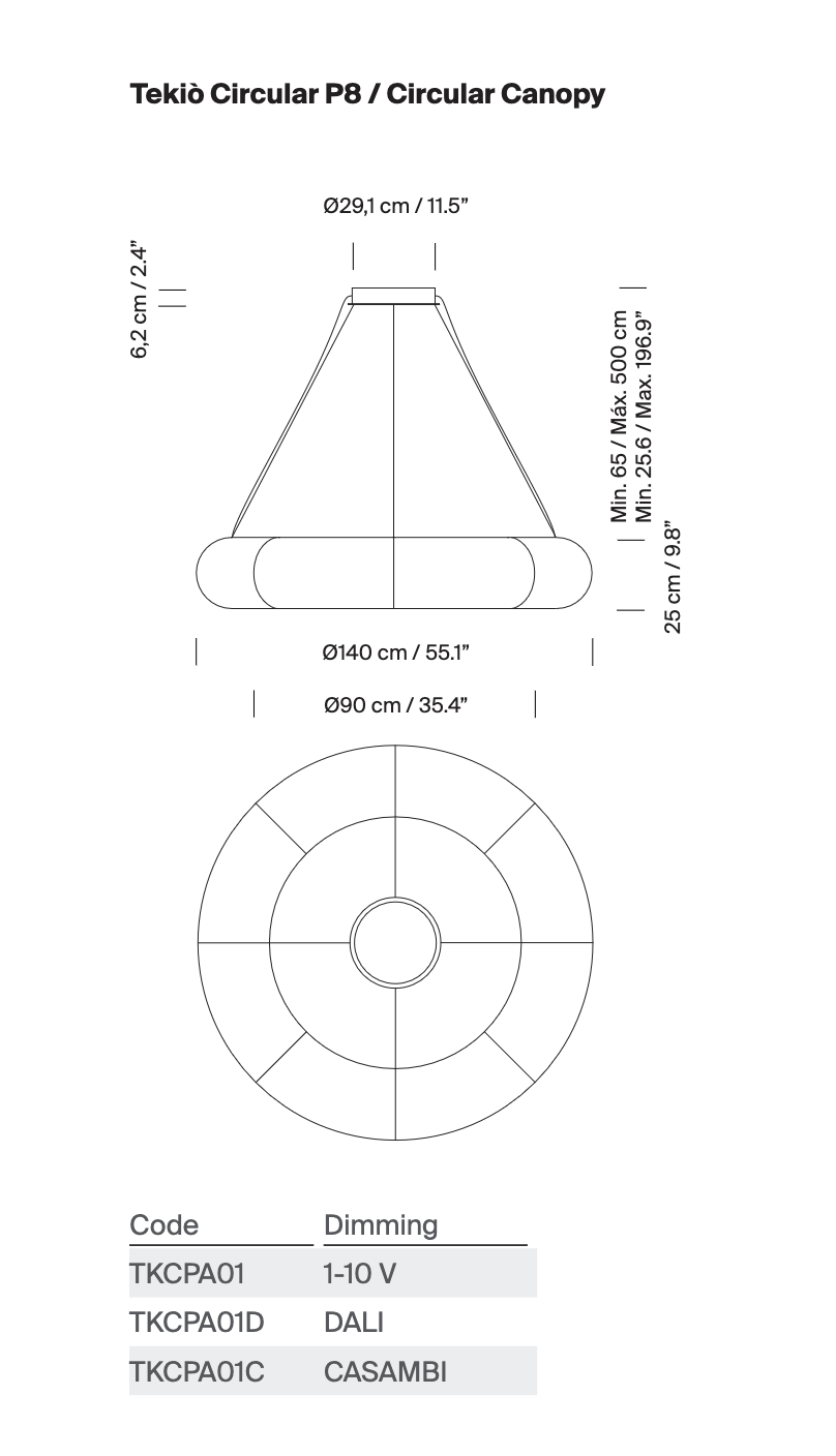 P8 Tekiò Circular LED pendant light technical outline rendering