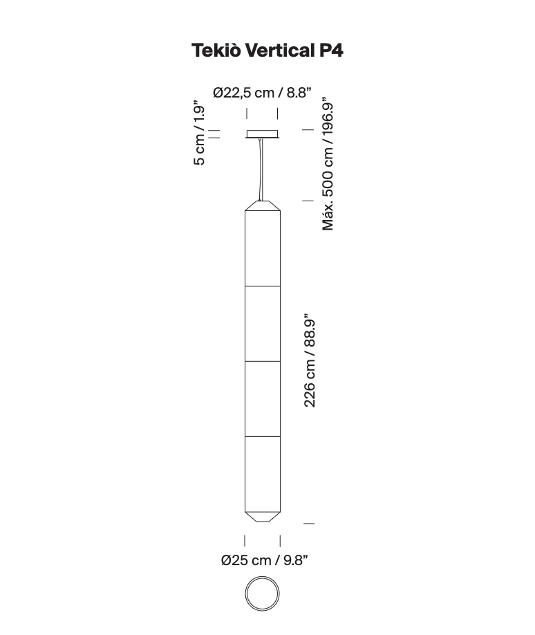 Technical line drawing of the Tekiò Vertical P4 LED pendant light designed by Anthony Dickens