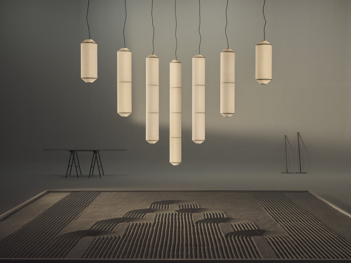 Vertical Washi paper pendant lamp for reception areas