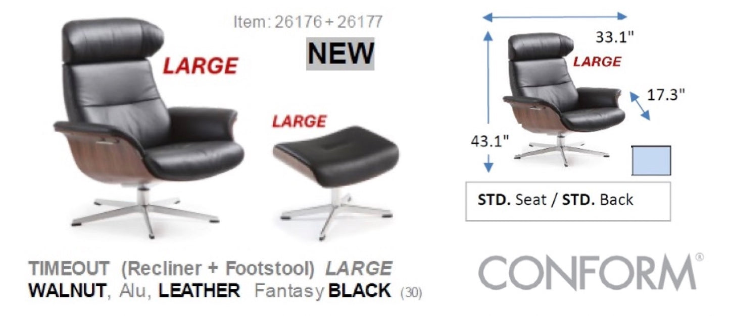 Premium black leather swivel chair with footstool and crafted walnut-finish laminated beech