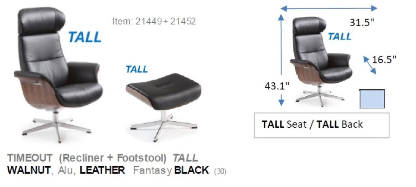 Scandinavian ergonomic recliner chair with black leather upholstery and walnut beech frame
