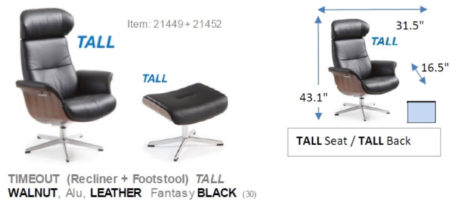 Scandinavian ergonomic recliner chair with black leather upholstery and walnut beech frame