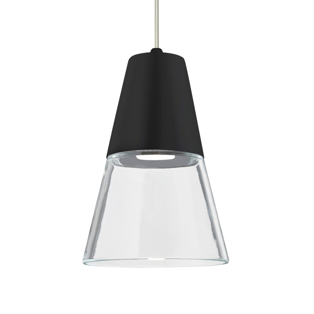 Clear and black glass Timo 6 LED pendant light by Besa Lighting installed above a modern kitchen counter