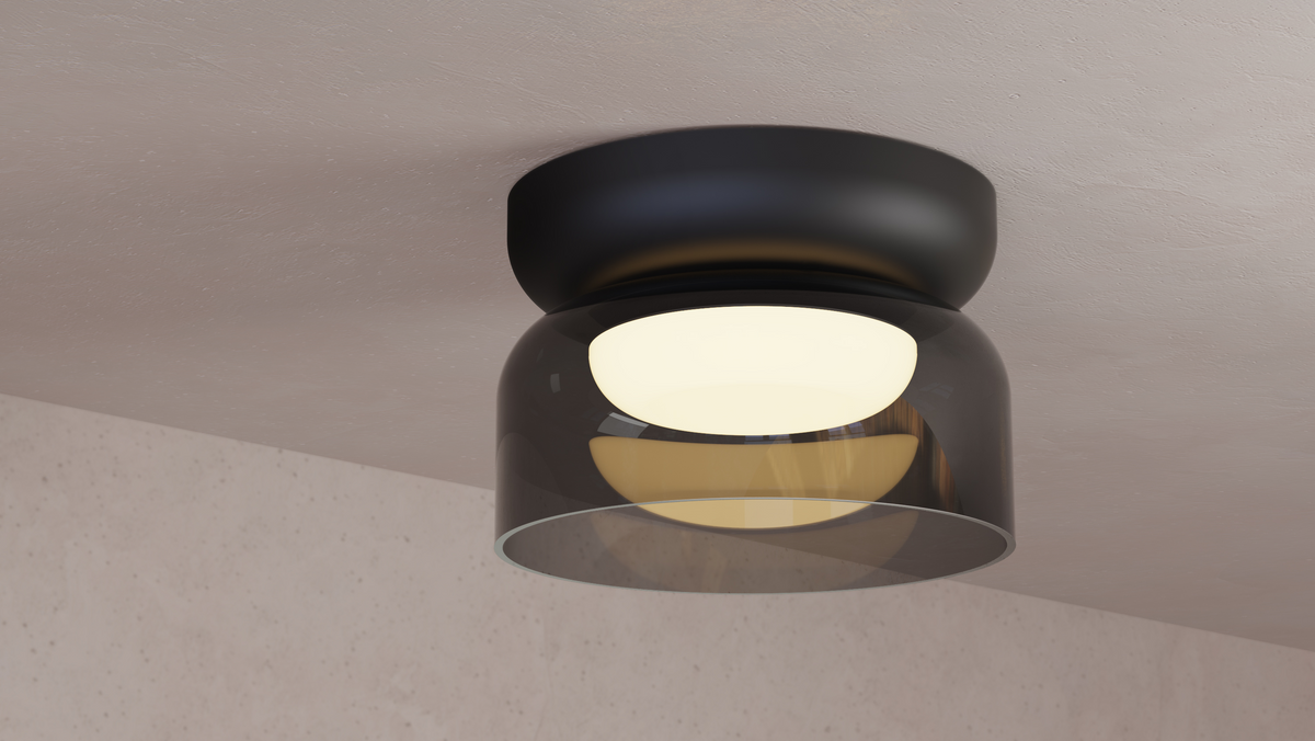 Smoke glass mini flush mount with black canopy lit on a ceiling, in-situ photo