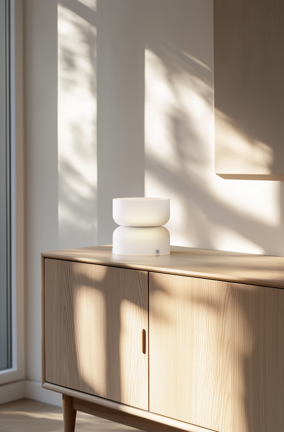 Small etched glass lamp glowing on a bedside table, view 1