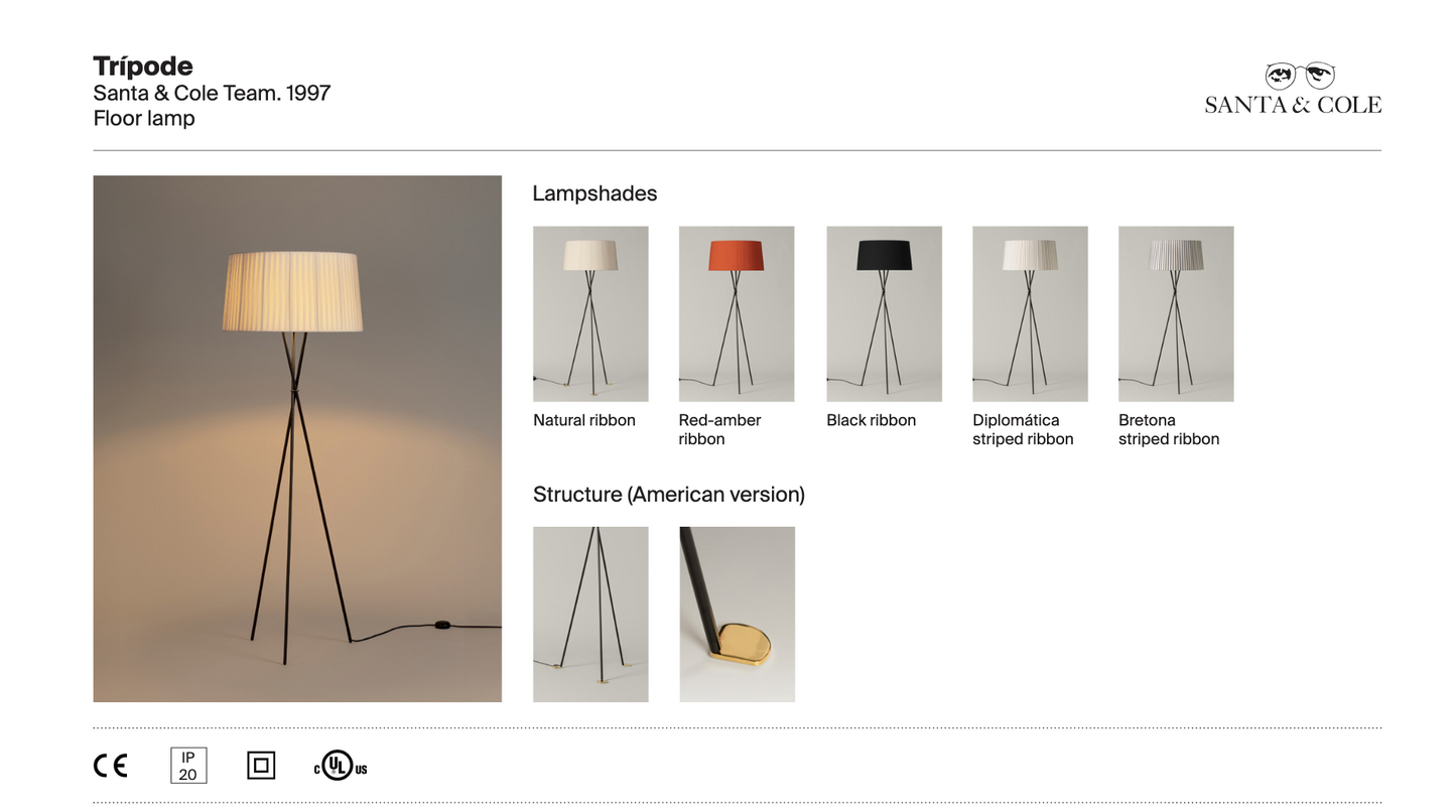 Santa and Cole Tripode G5 floor lamp with decorative shade selections