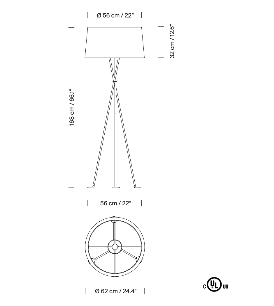 Architectural line drawing of the Tripode G5 floor lamp by Santa and Cole showcasing its modern tripod structure and lampshade proportions.