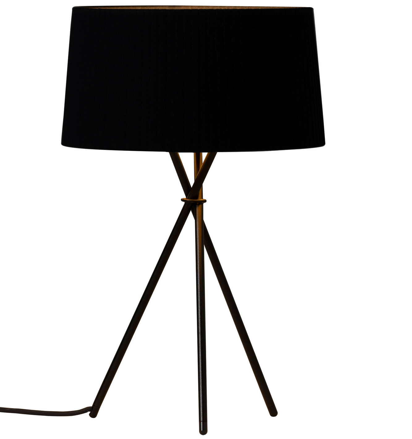 Designer table lamp with black ribbon shade and tripod base