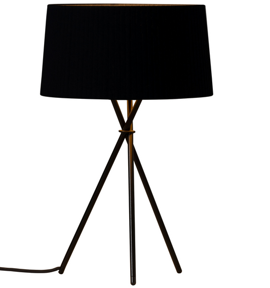 Designer table lamp with black ribbon shade and tripod base