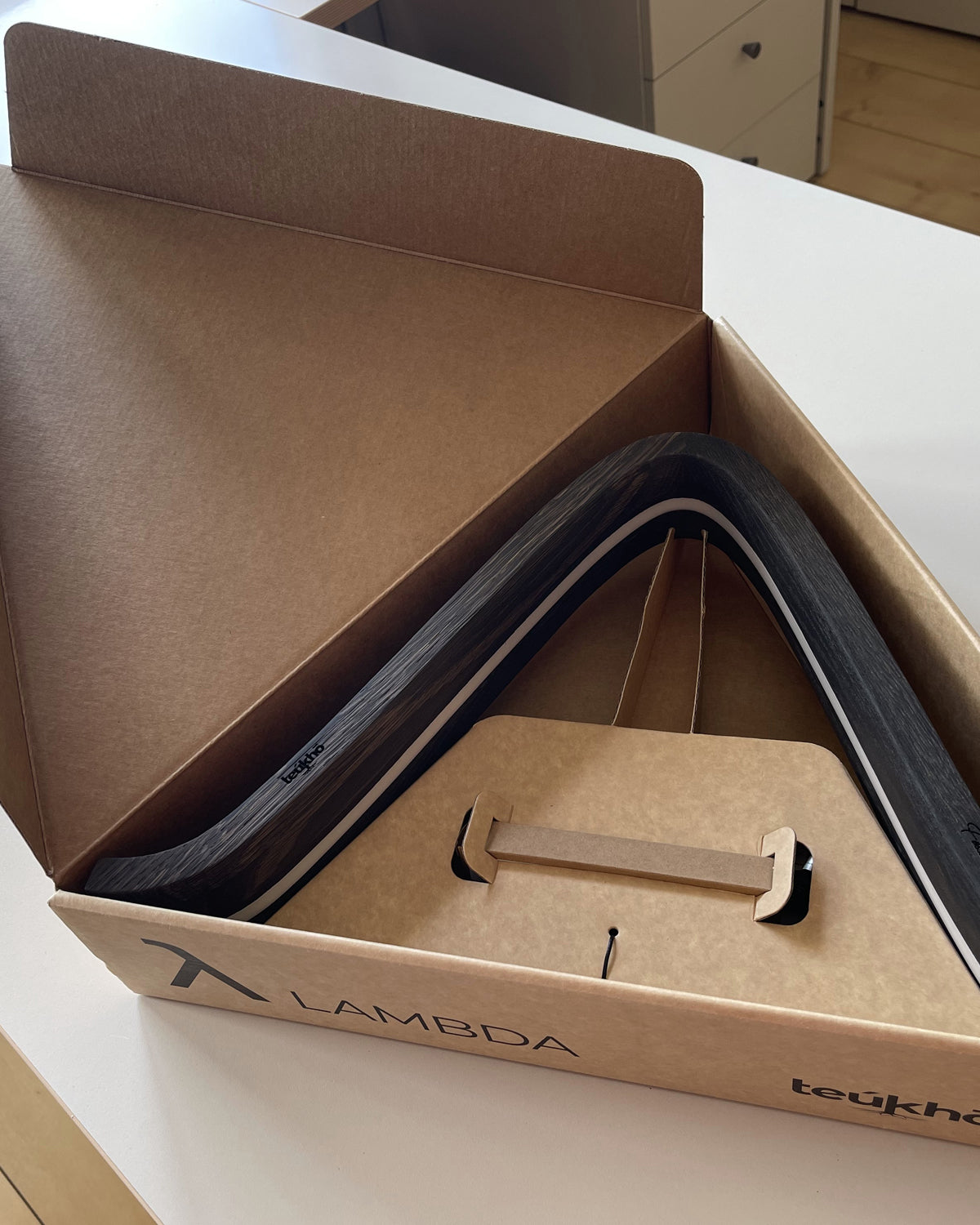 Teukho Lambda fossil oak LED table lamp in Black resting in its open shipping box