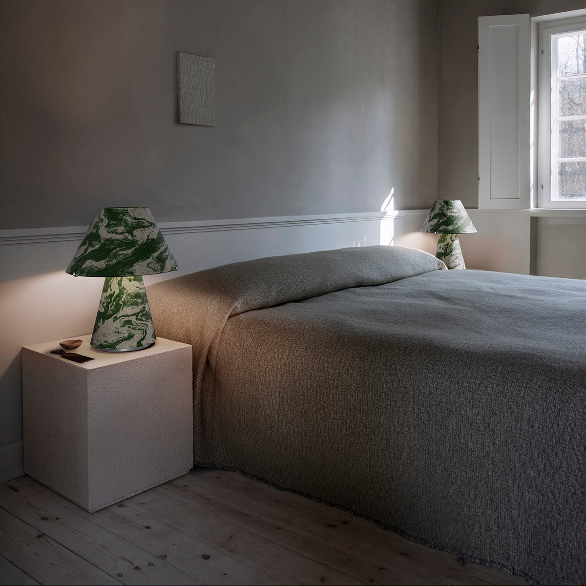 Upglas T2 by Astep — pair of green lamps beside a bed