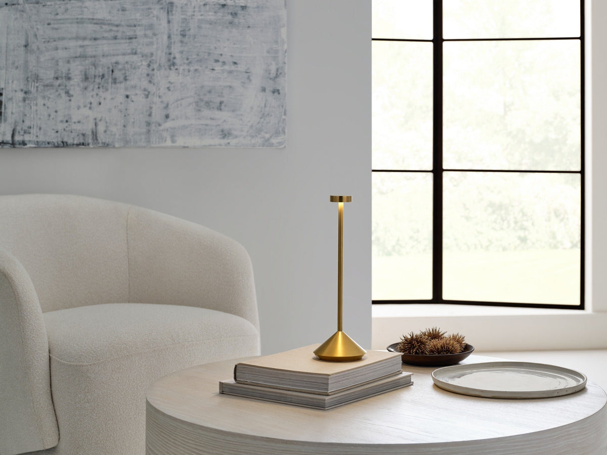 Moneta Accent table lamp in Natural Brass, lit