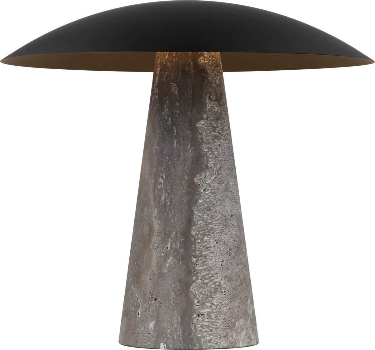 Aegis Medium travertine table lamp in Dark Bronze and Dark Travertine, lit