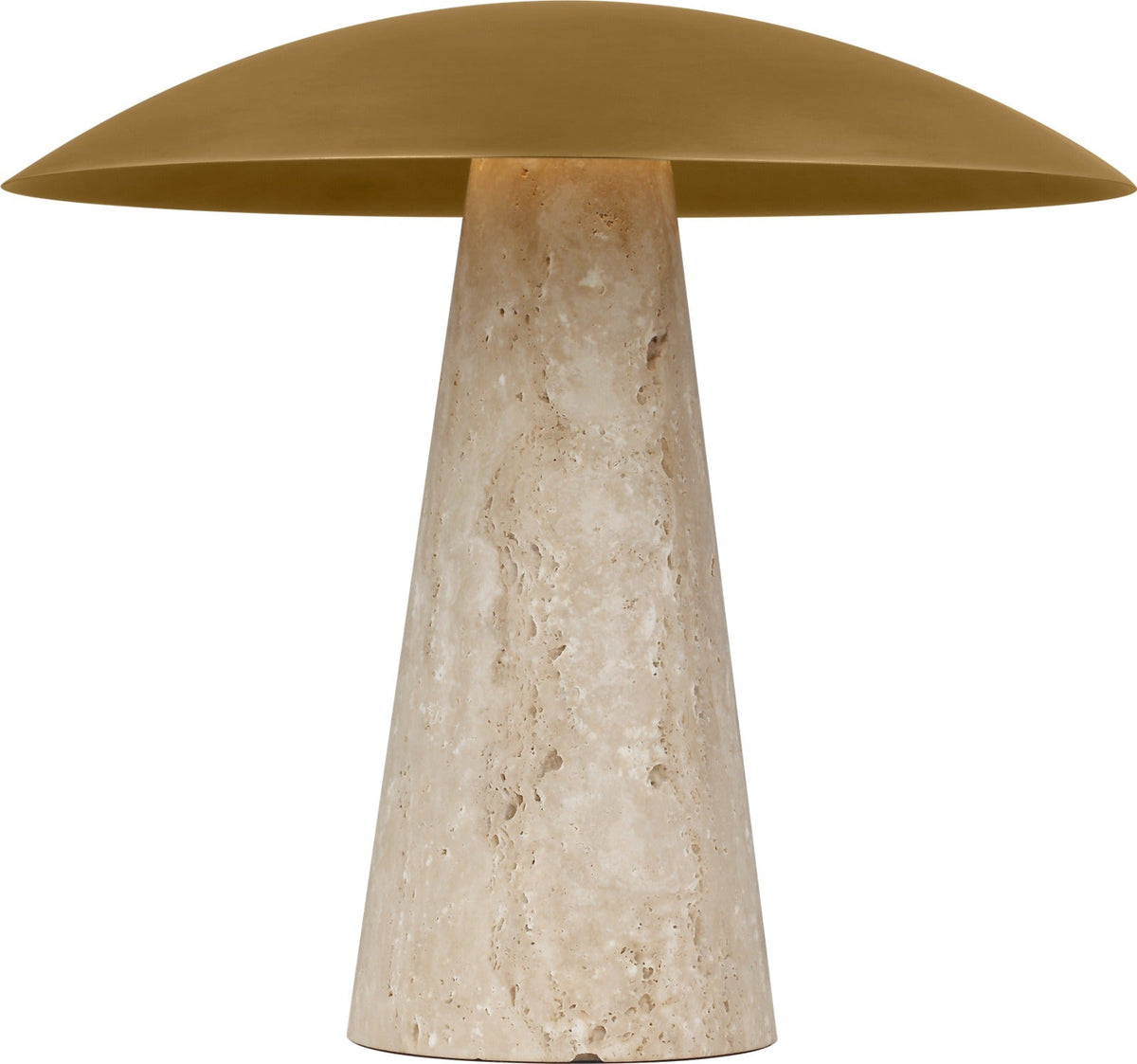 Aegis Medium travertine table lamp in Natural Brass and Natural Travertine, lit