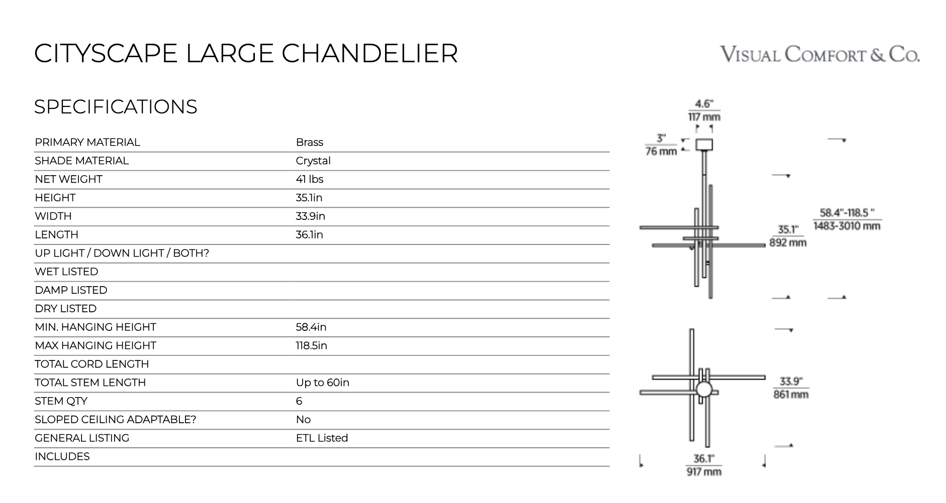 Large Geometric Crystal LED Chandelier Natural Brass by Visual & Comfort & Co