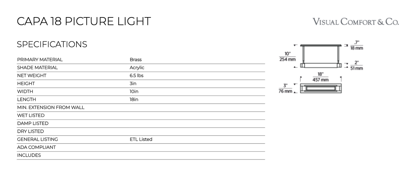 Capa 18-inch LED Picture Light Warm Dim Brass Bronze by Visual & Comfort & Co