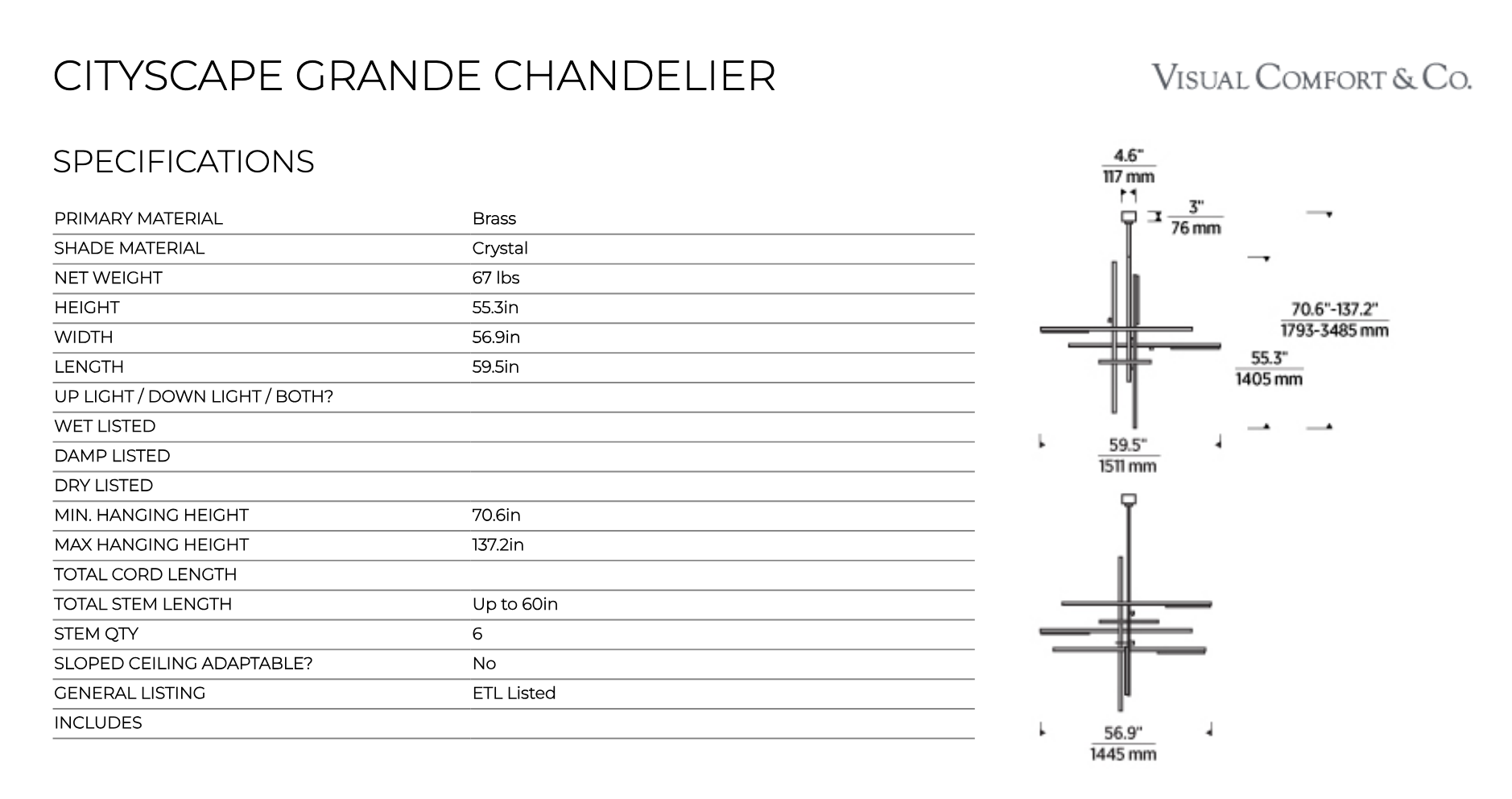 Cityscape Grande LED Chandelier Brass by Visual & Comfort & Co