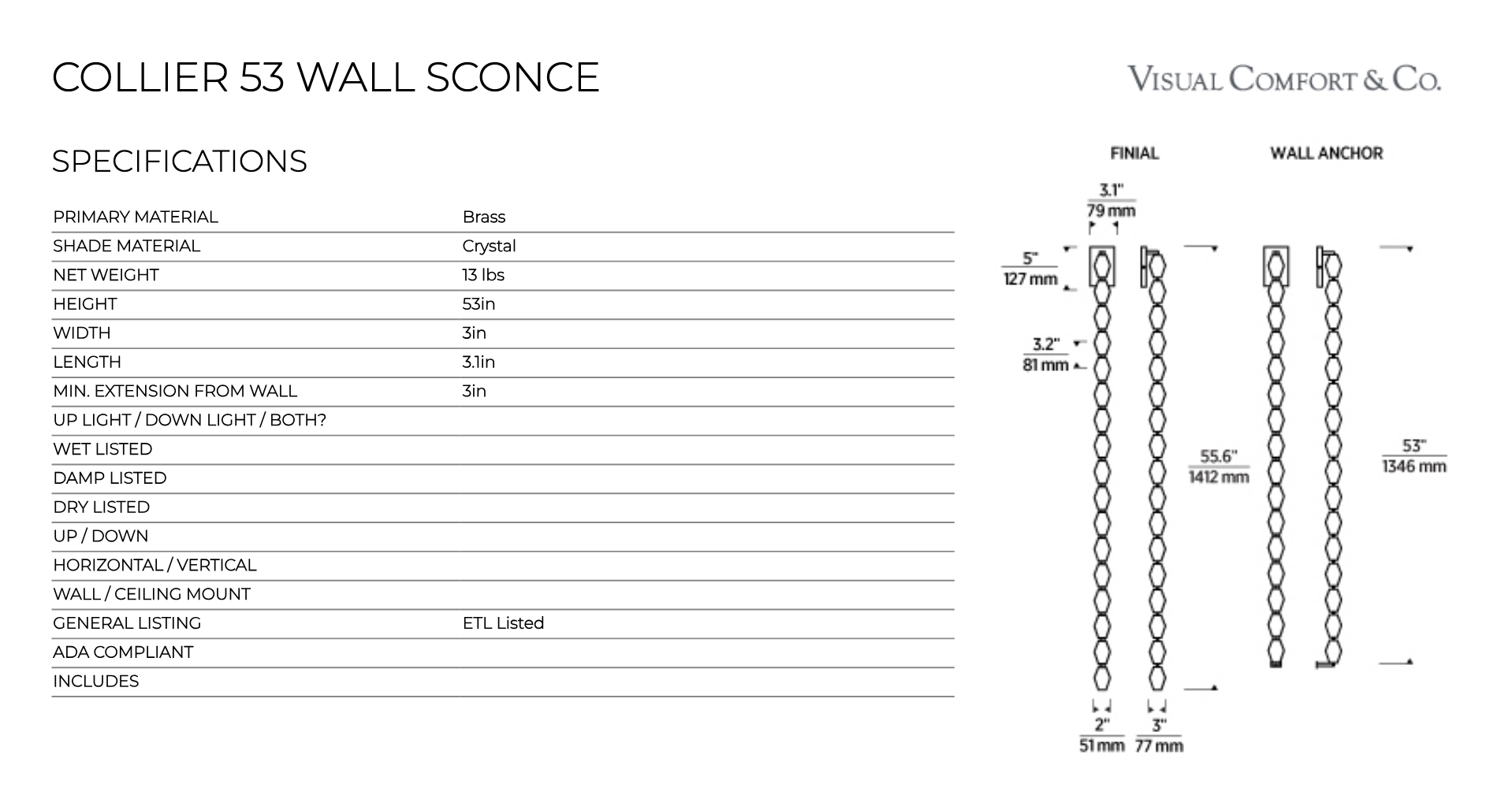 Vertical Crystal LED Wall Lighting 53-inch by Visual & Comfort & Co