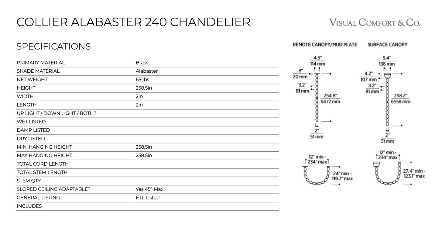 Alabaster LED Chandelier & Collier 240 by Visual & Comfort & Co