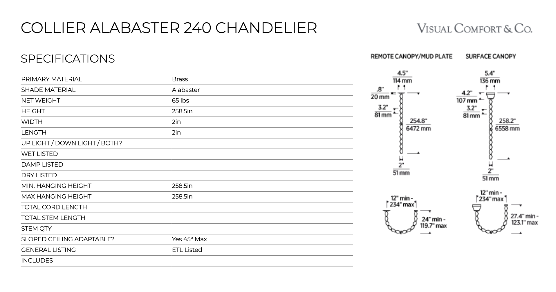 Alabaster LED Chandelier & Collier 240 by Visual & Comfort & Co