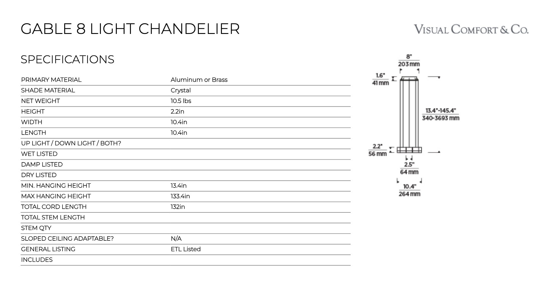 8 Light LED Pendant Chandelier Gable by Visual & Comfort & Co