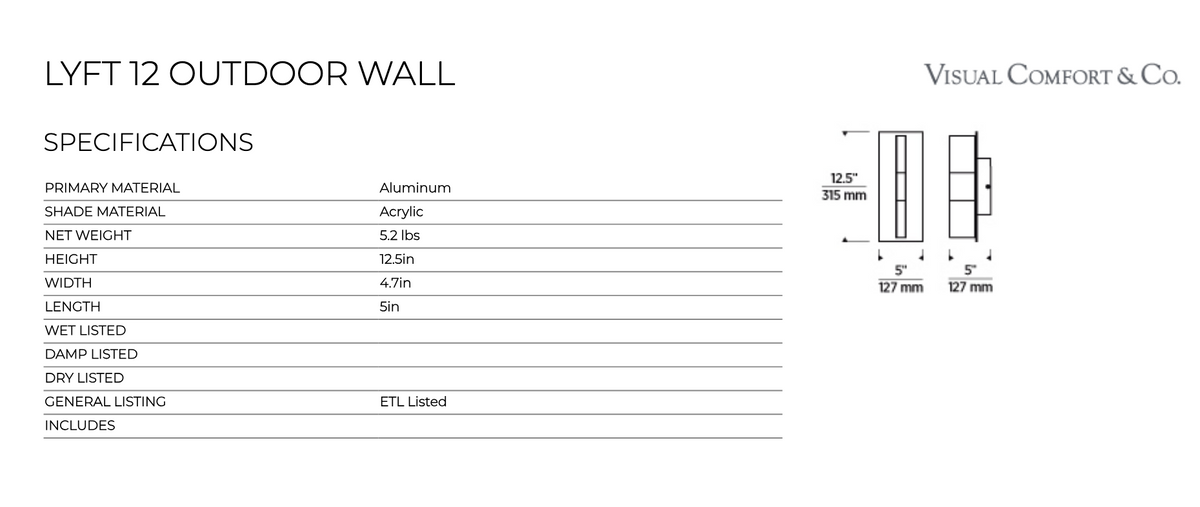 Lyft 12-inch Residential Outdoor LED Wall Lighting by Visual & Comfort & Co