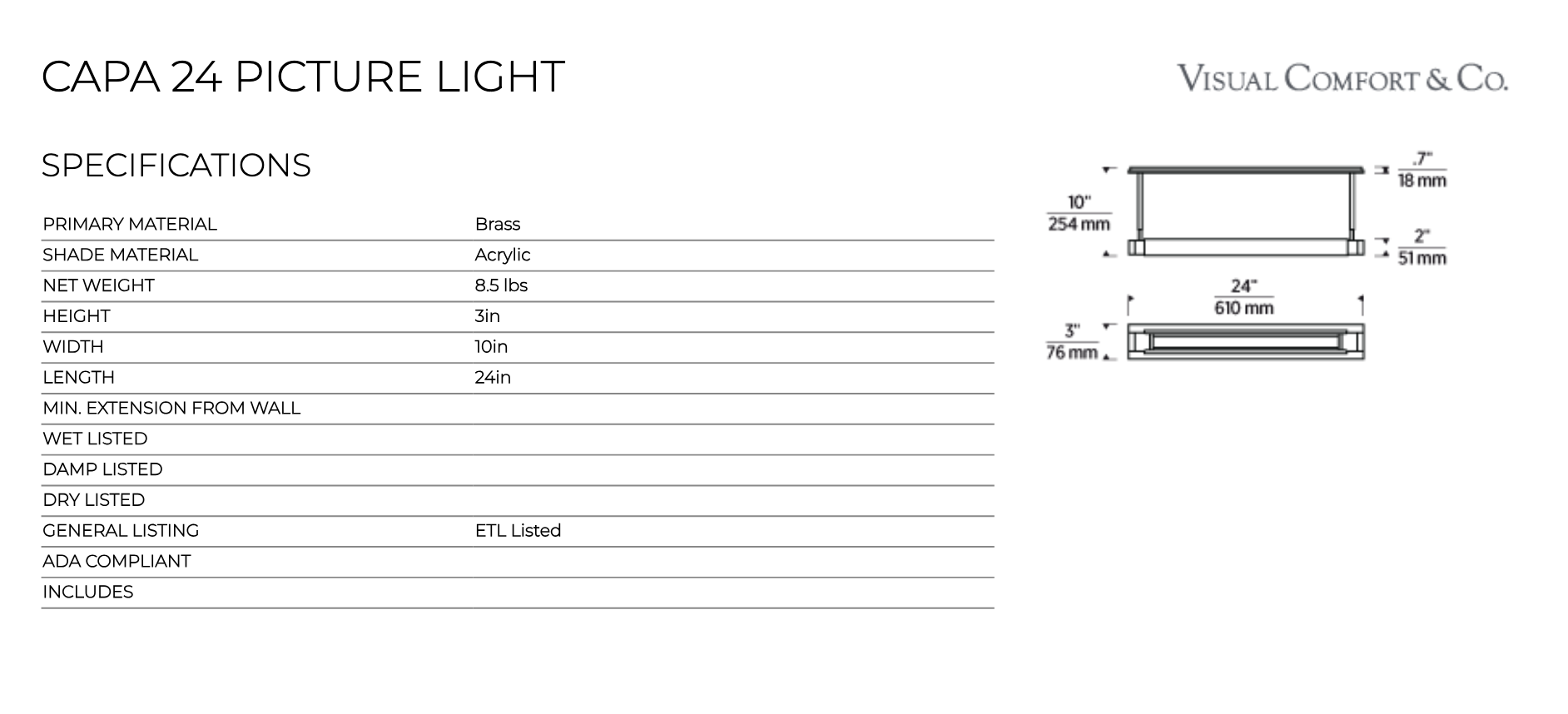 Capa 24-inch LED Picture Light Warm Dim Brass Bronze by Visual & Comfort & Co