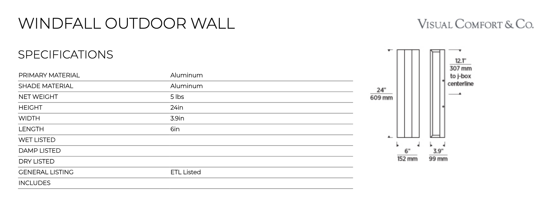 24-inch Black LED Outdoor Wall Light Ada Wet Rated by Visual & Comfort & Co