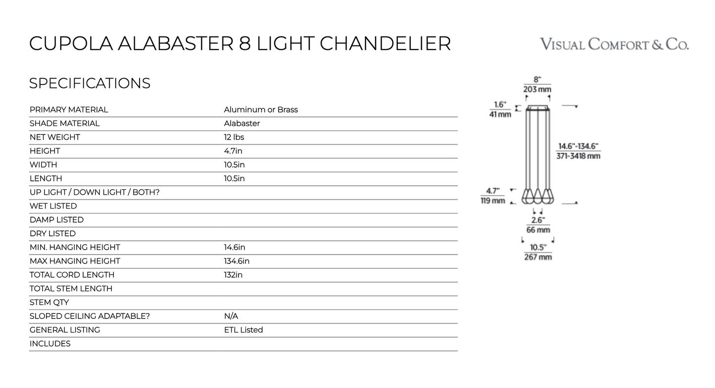 Alabaster Chandelier Cupola 8 Light by Visual & Comfort & Co