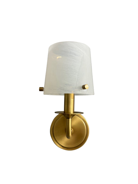 House of Troy Curved Arm Wall Sconce with White Swirl Glass in Brushed Brass