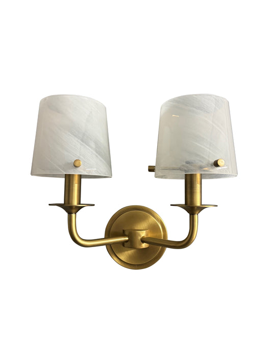House of Troy Double Curved Arm Wall Sconce with White Swirl Glass in Brushed Brass