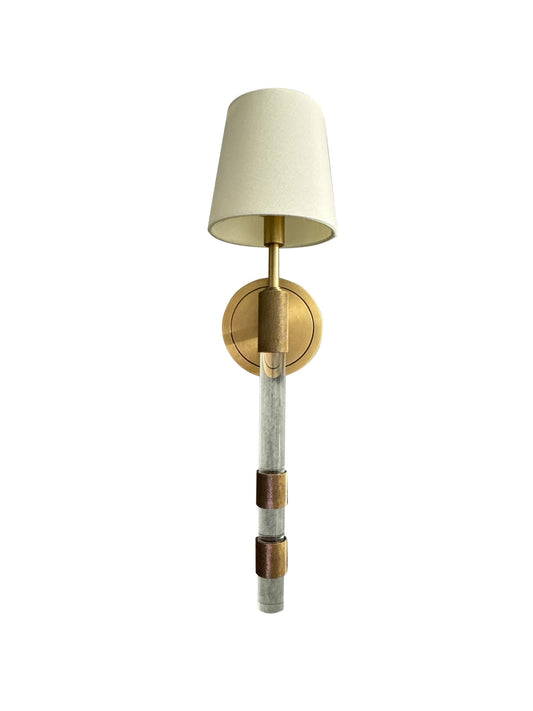 House of Troy Wall Sconce with Knurled Accents and Fabric Shade in Brushed Brass