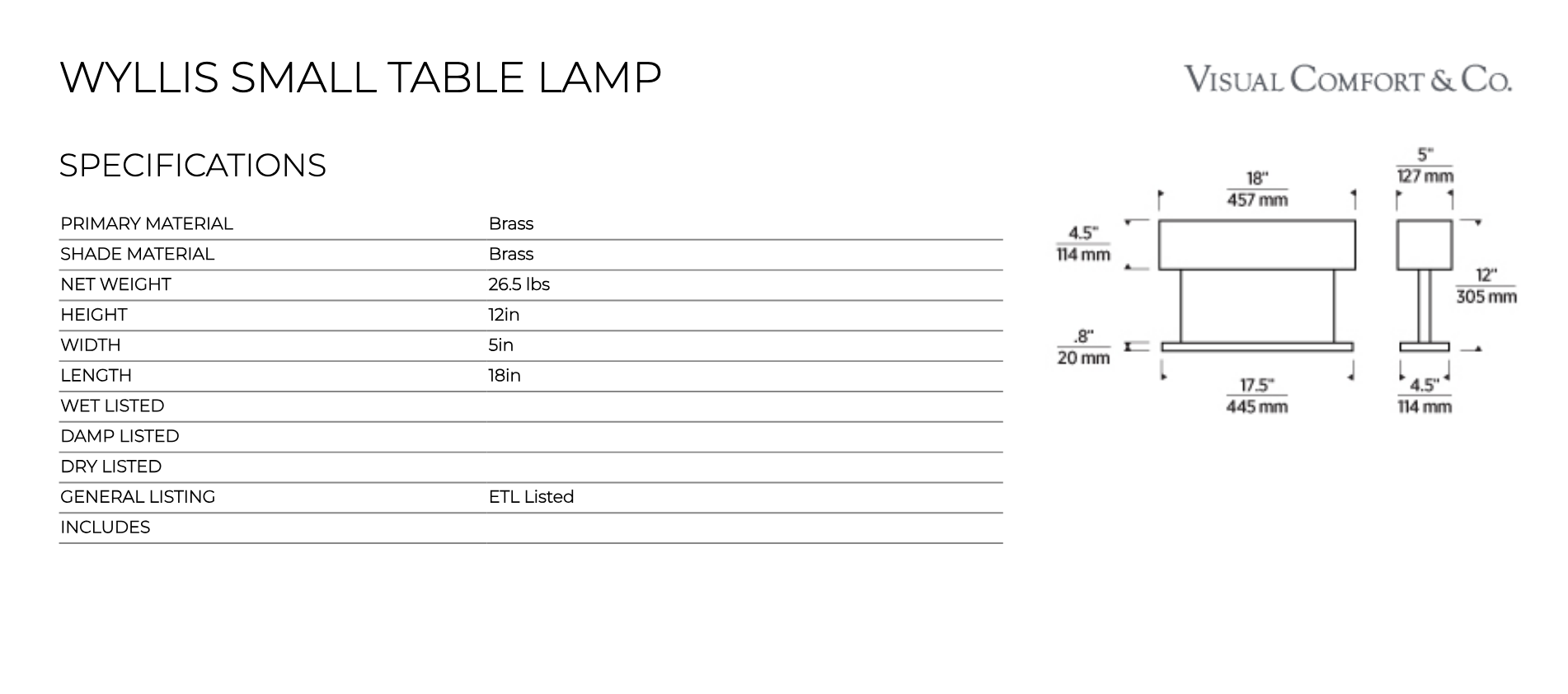 Visual Comfort Wyllis Small Table Lamp 5X12 