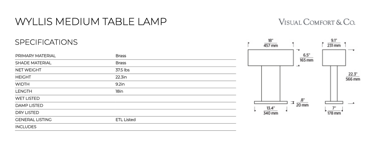 Visual Comfort Wyllis Table Lamp 22 Inch Natural Brass Dark Bronze 