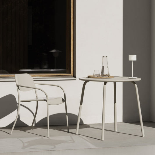 blomus YUA Outdoor Bistro Table, Round or Square – YUA bistro table styled with blomus FAROL, KOYOI and BELO