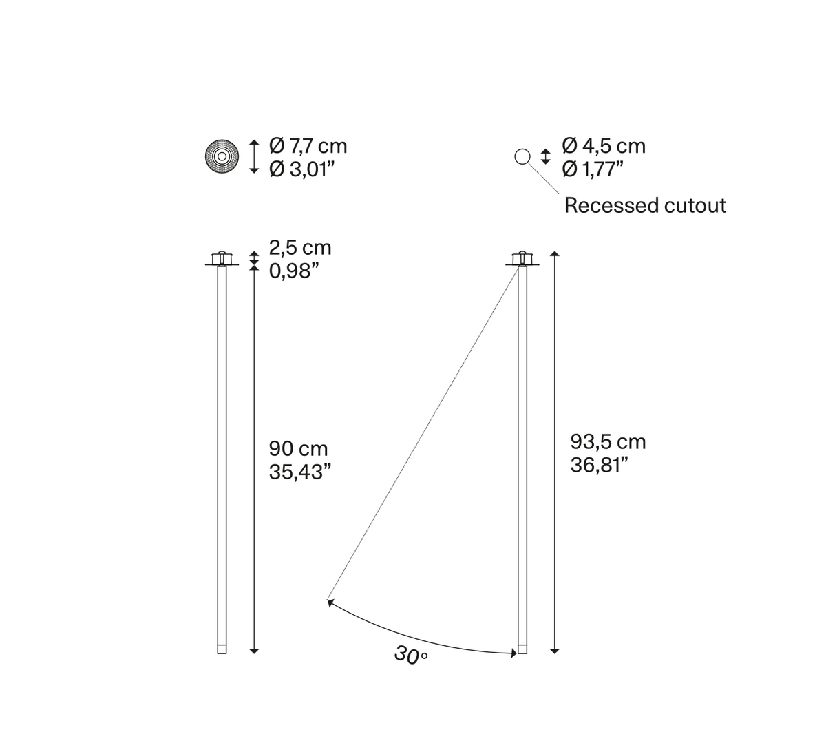 Large A-Tube Nano Swing recessed LED light technical dimensions and ceiling mounting diagram