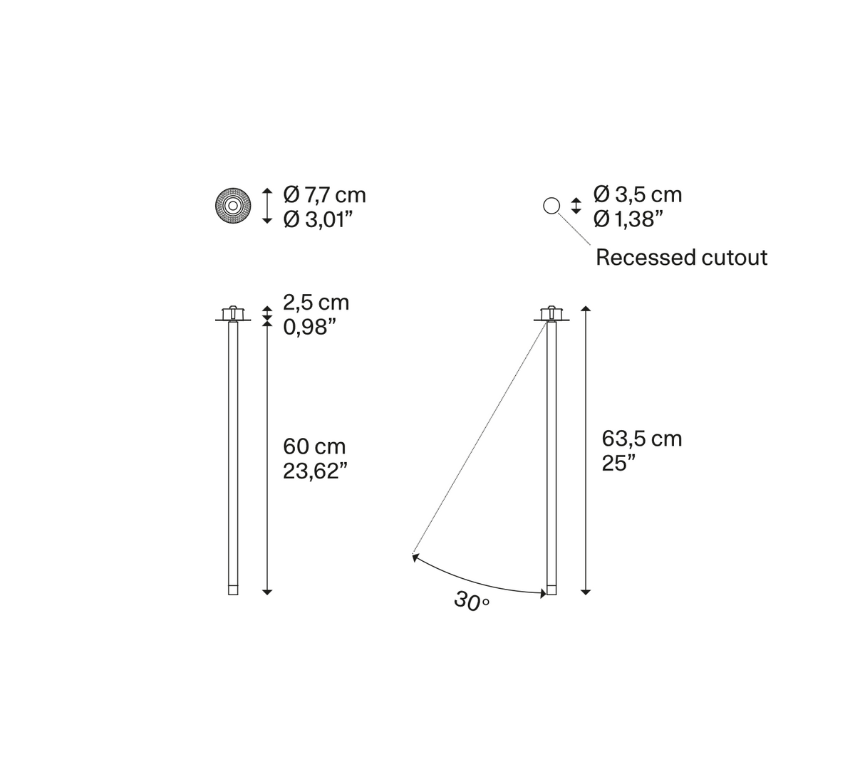 Architectural drawing of the Lodes A-Tube Nano Swing Medium recessed accent light
