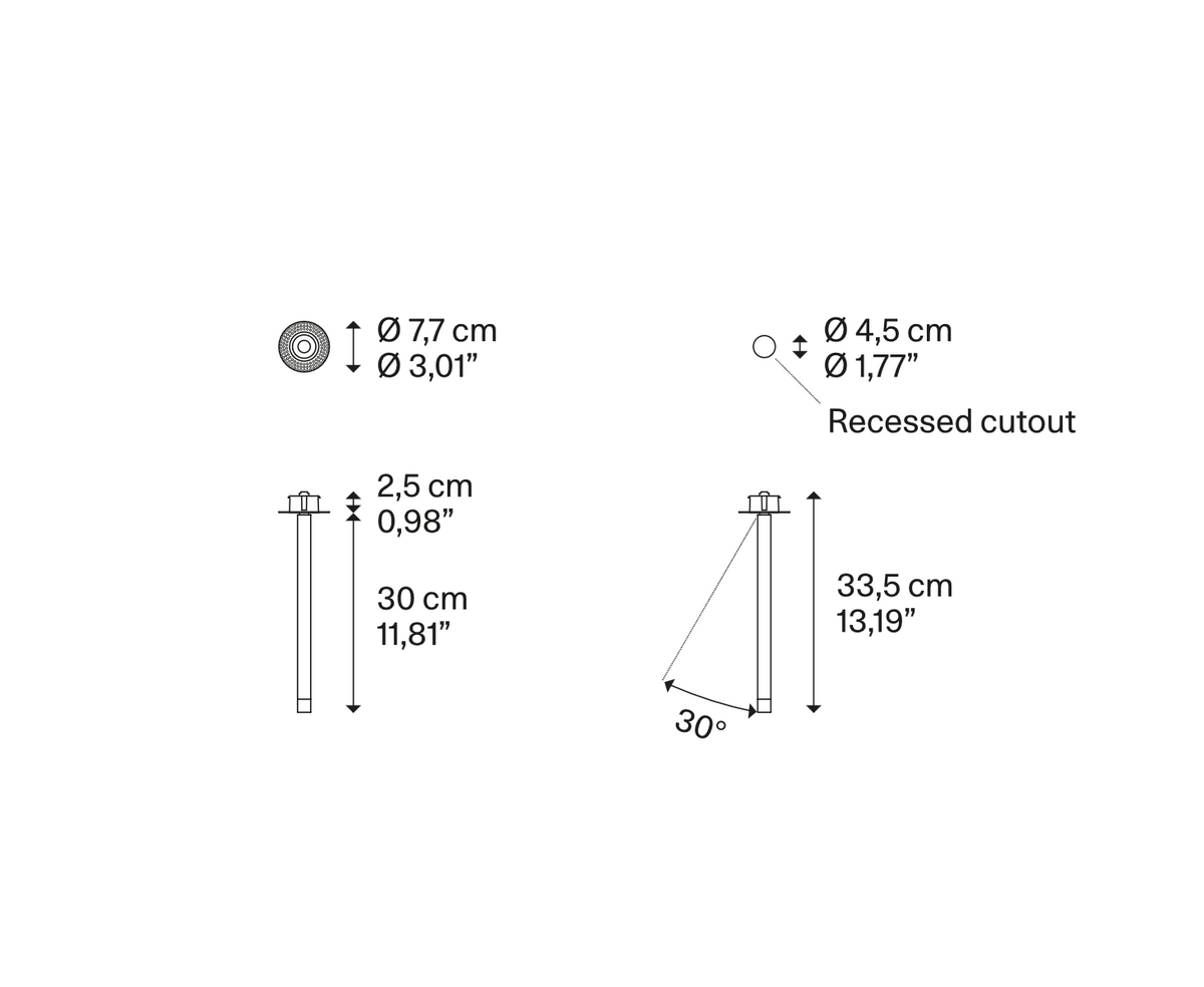 Small A-Tube Nano Swing recessed ceiling light dimensional illustration by Lodes Italy
