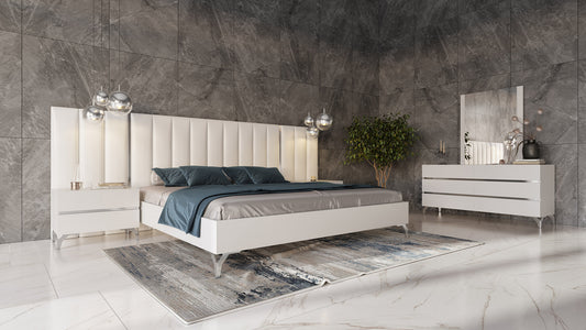 Nova Domus Angela Queen Italian Modern White Eco Leather Bed with Nightstands and Wings