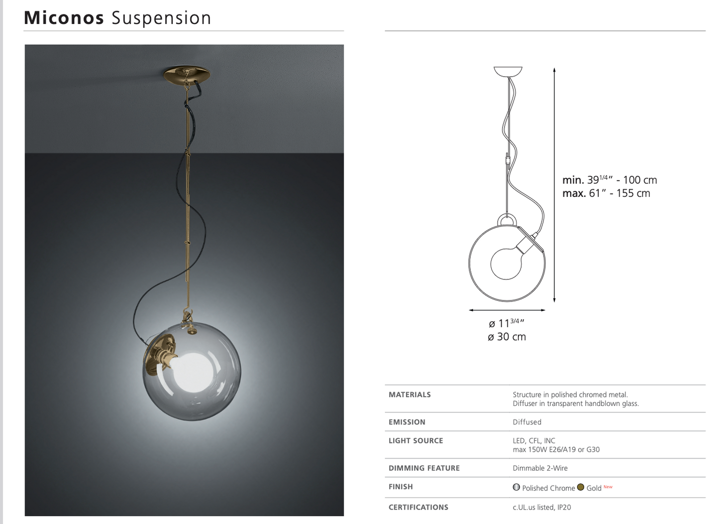 Artemide Miconos Gold suspension pendant by Ernesto Gismondi dimensions