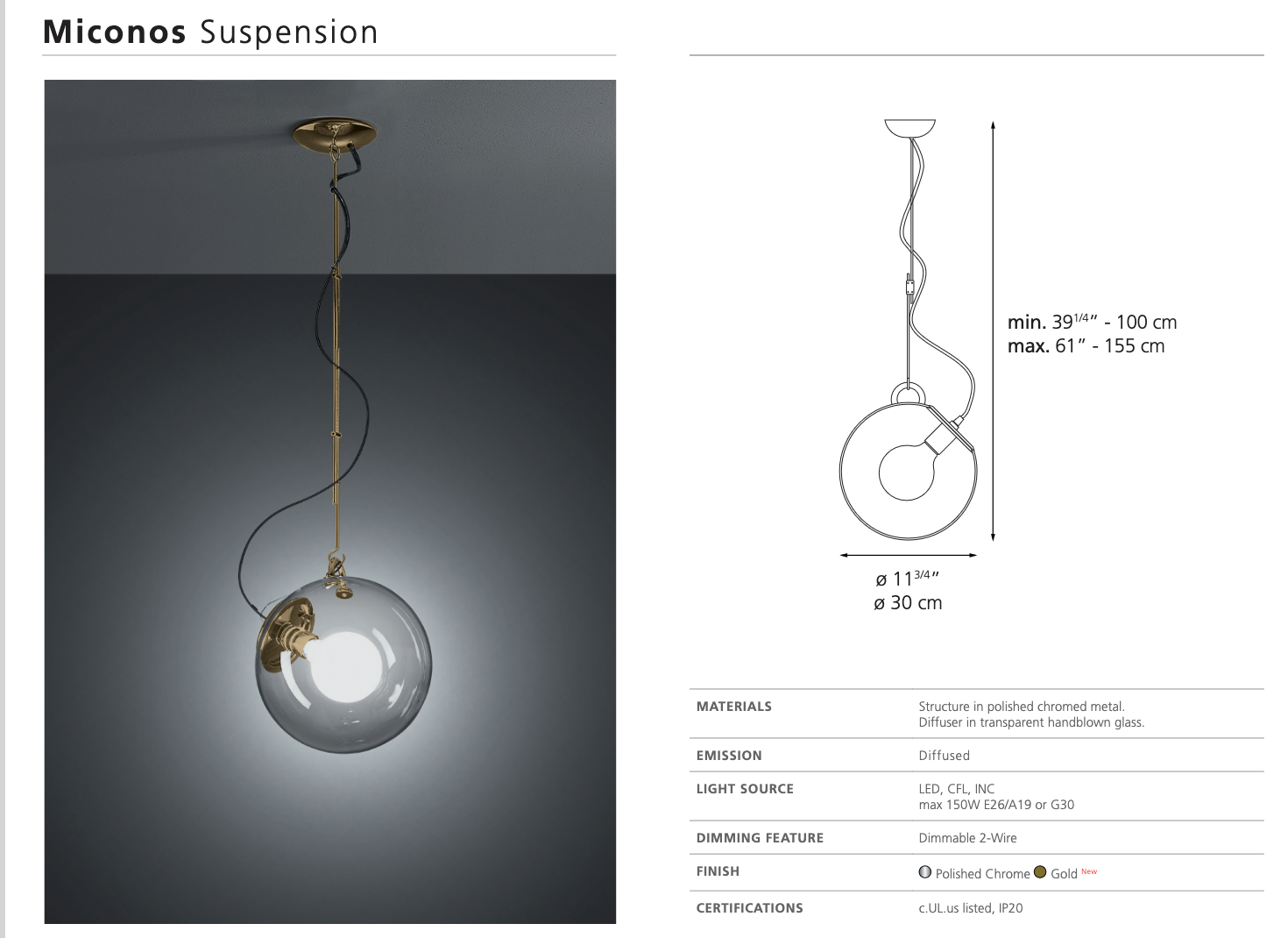 Artemide Miconos Gold suspension pendant by Ernesto Gismondi dimensions