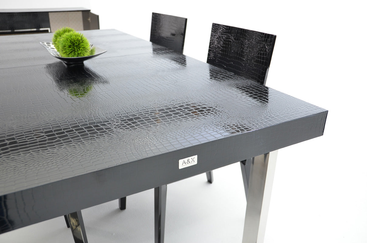 A&X Skyline Modern Black Crocodile Lacquer Extendable Dining Table